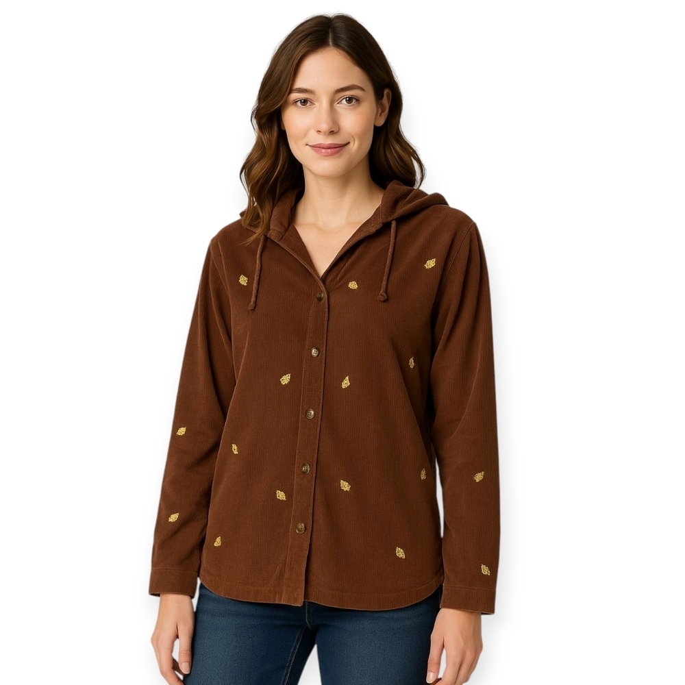 Vintage Corduroy Button Up Hoodie Casablanca Sport Brown 90s Leaf Embroidery